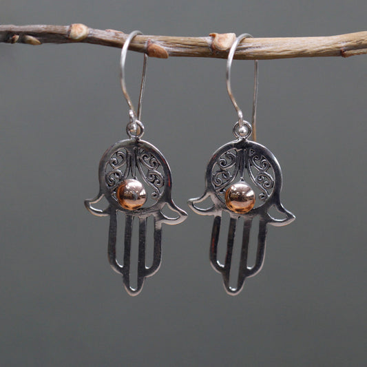 Hamsa Drop - Silver & Gold Earrings