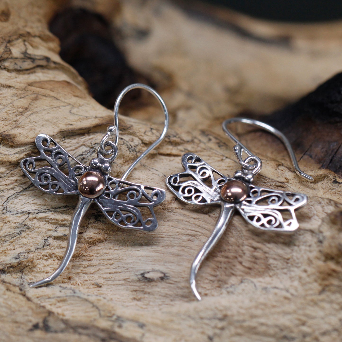 Dragonflies Drop - Silver & Gold Earrings