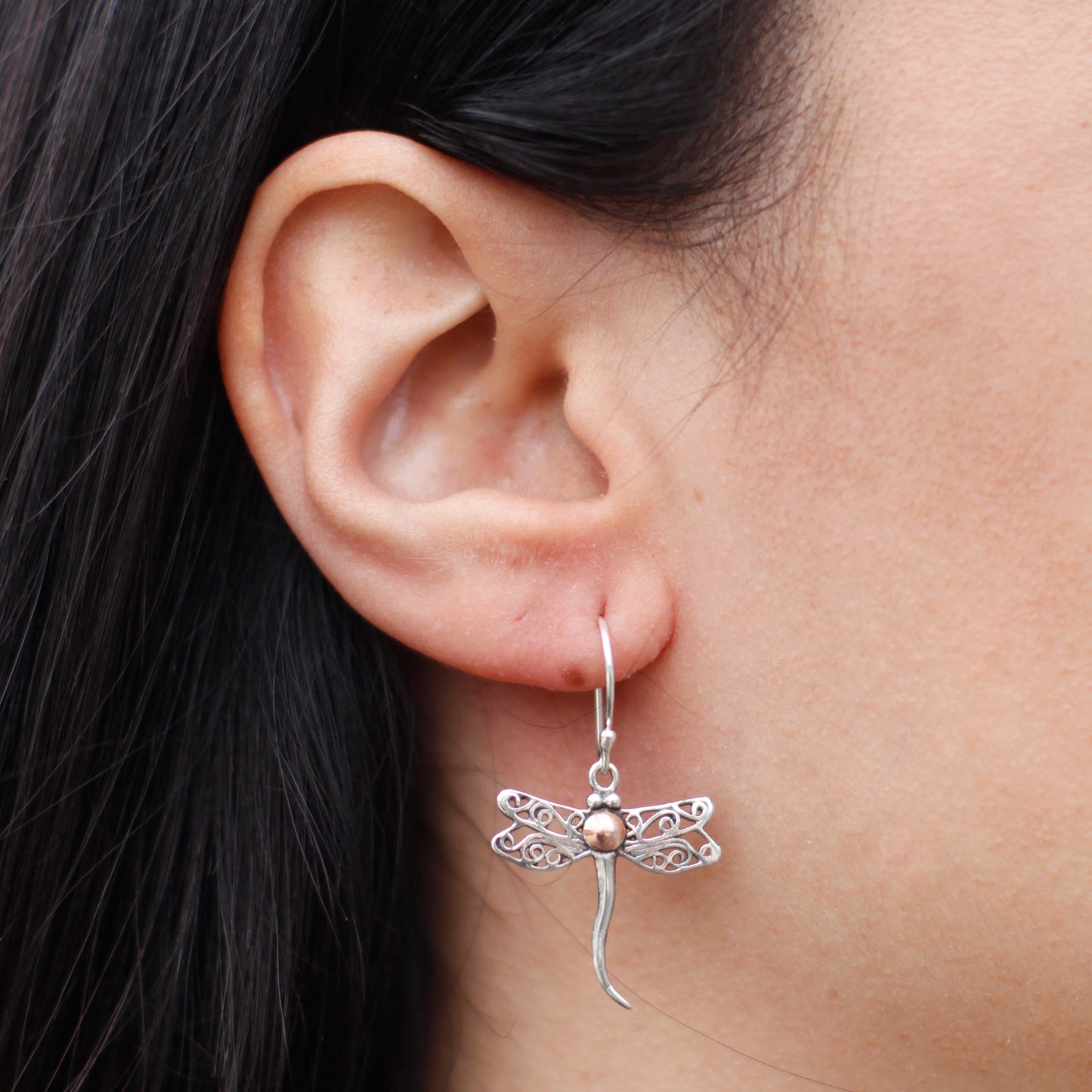 Dragonflies Drop - Silver & Gold Earrings