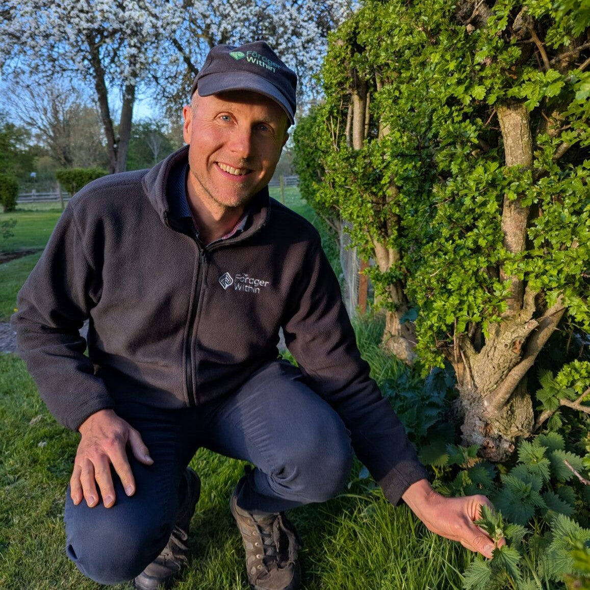James Hill picking wild nettles in the hedgerows during a hands-on foraging course