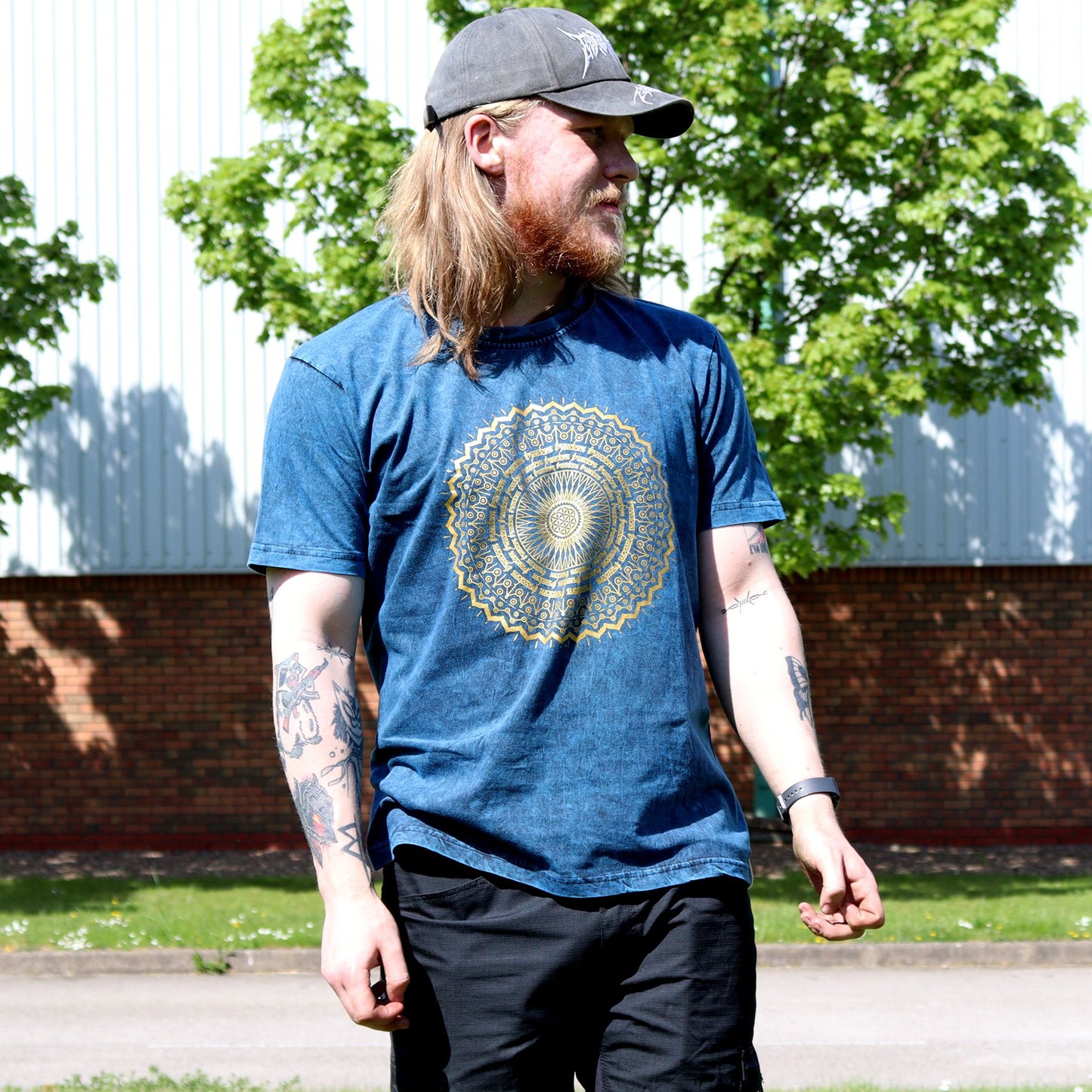 Stone Washed T-Shirt - Mandala - Blue (Large)