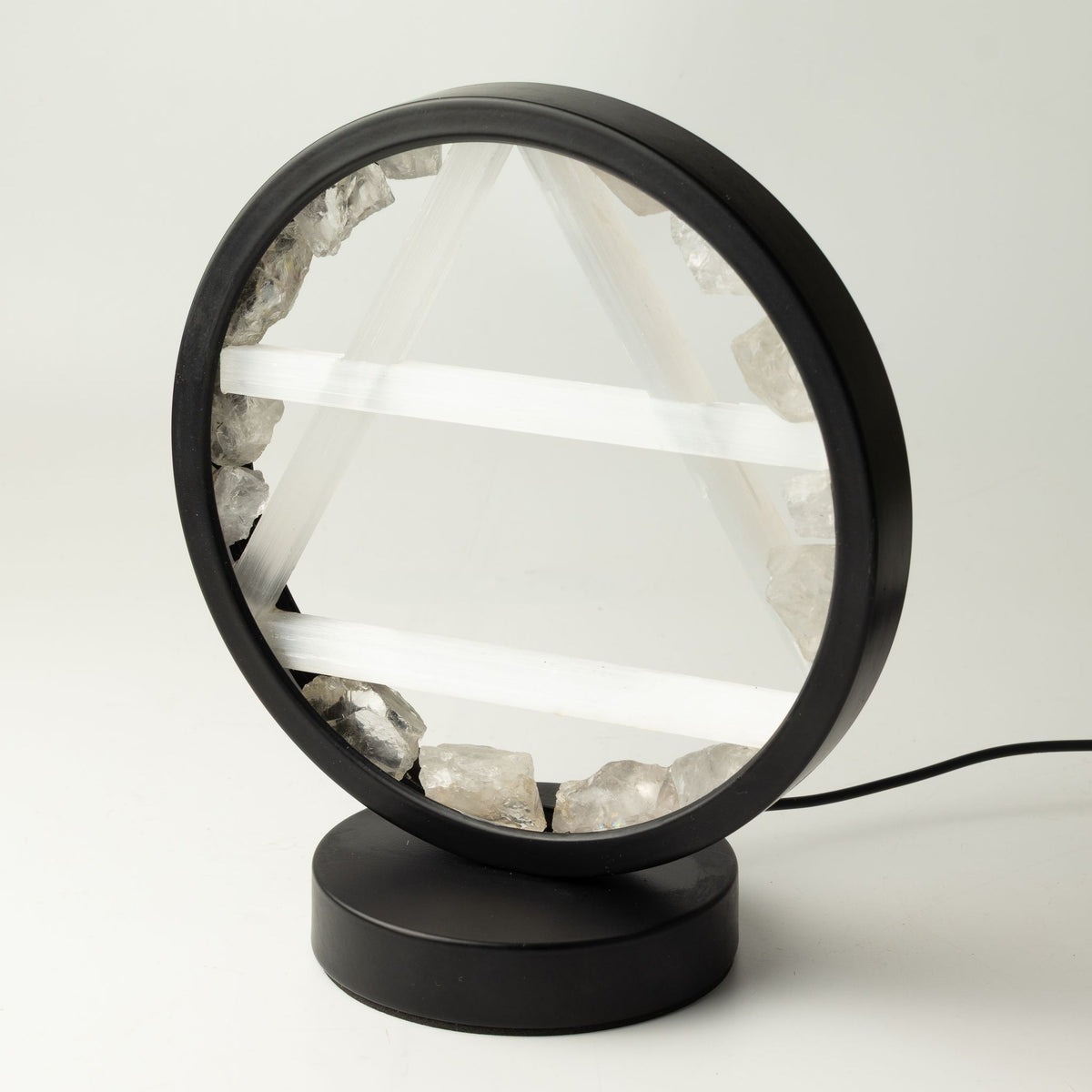 Air gemstone halo lamp with clear quartz and selenite different angle