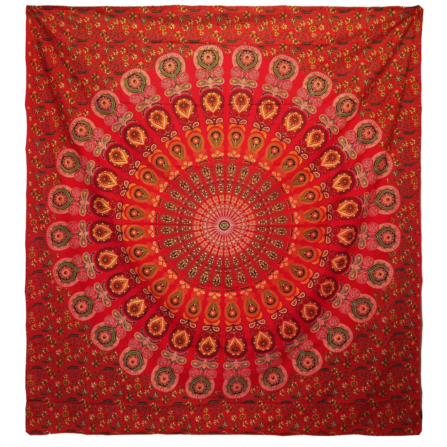 Double Cotton Bedspread + Wall Hanging - Peacock Mandala - Red