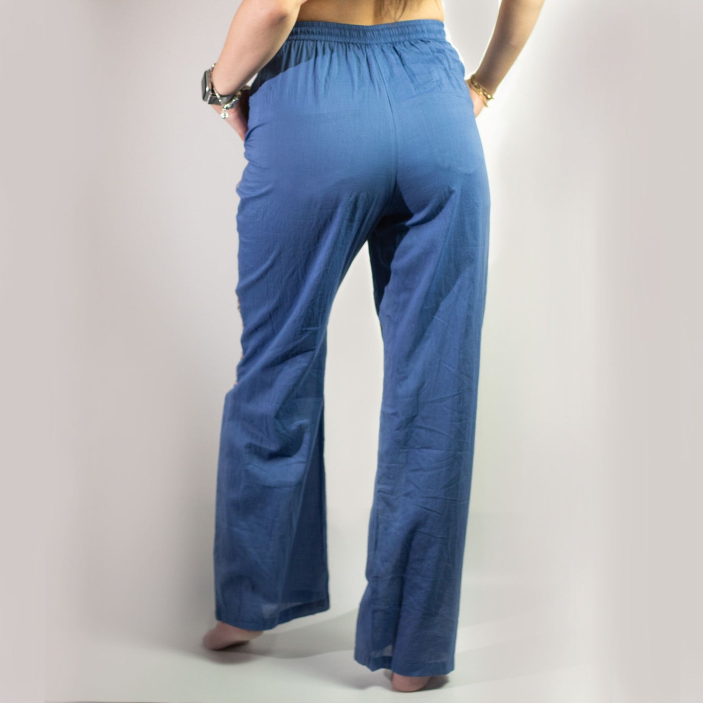 Nomad Sari Lounge Pants – Rich Blue & Gold – Hand-Painted Evil Eye Design