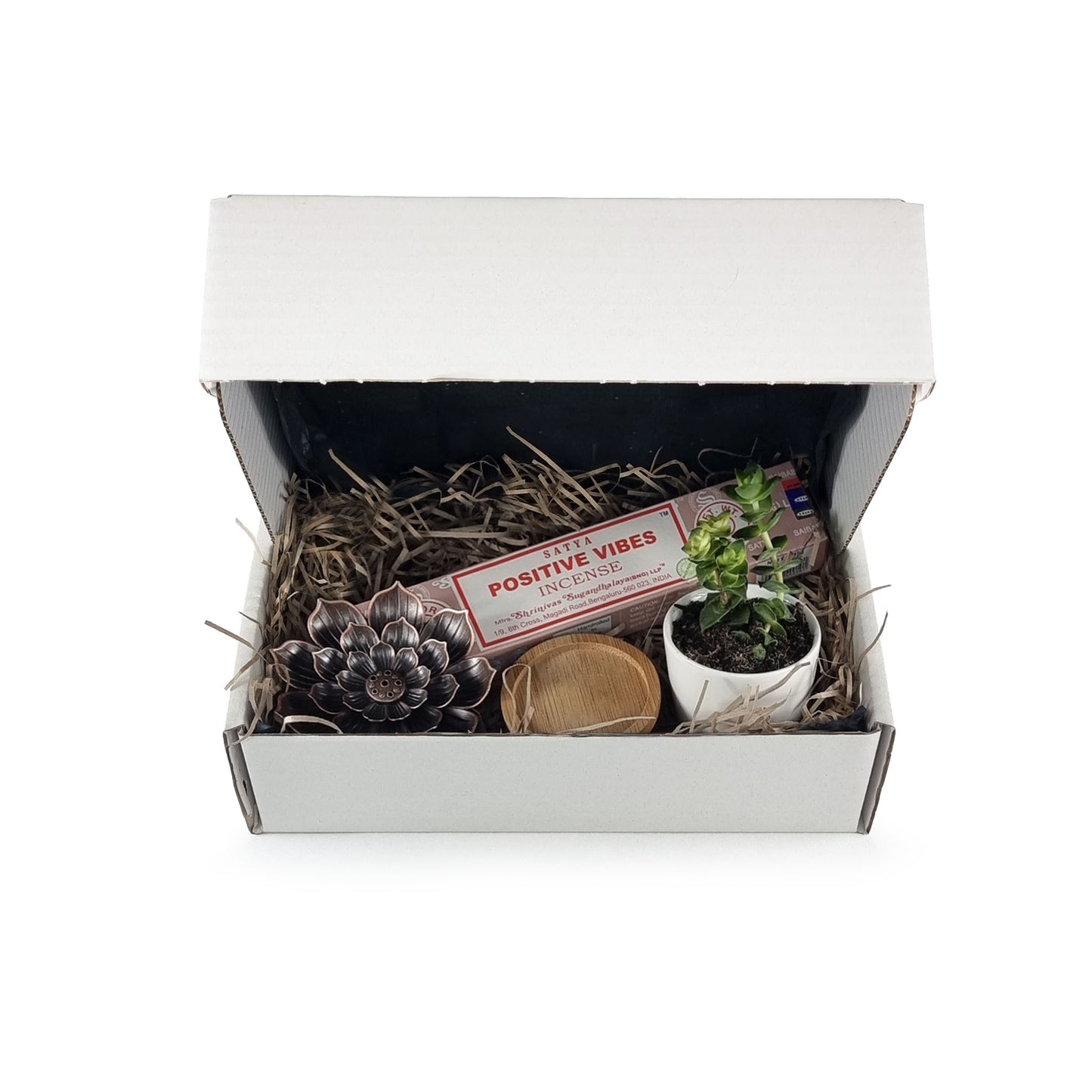 Care package with incense and lotus flower holder with plant, pot and drip tray