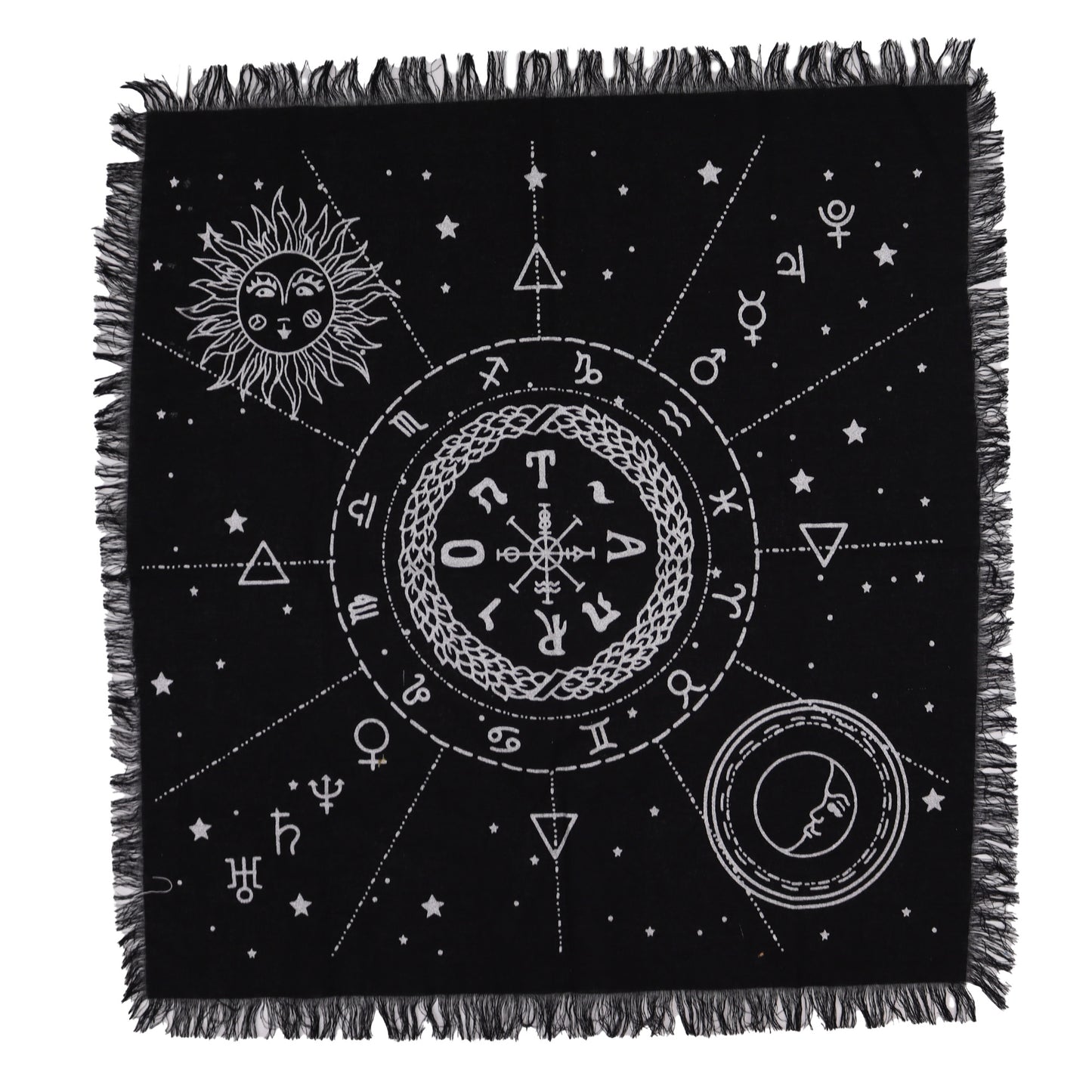 Harness Celestial Power with the Esoteric Fringed Altar Cloth - Moon & Sun Chart