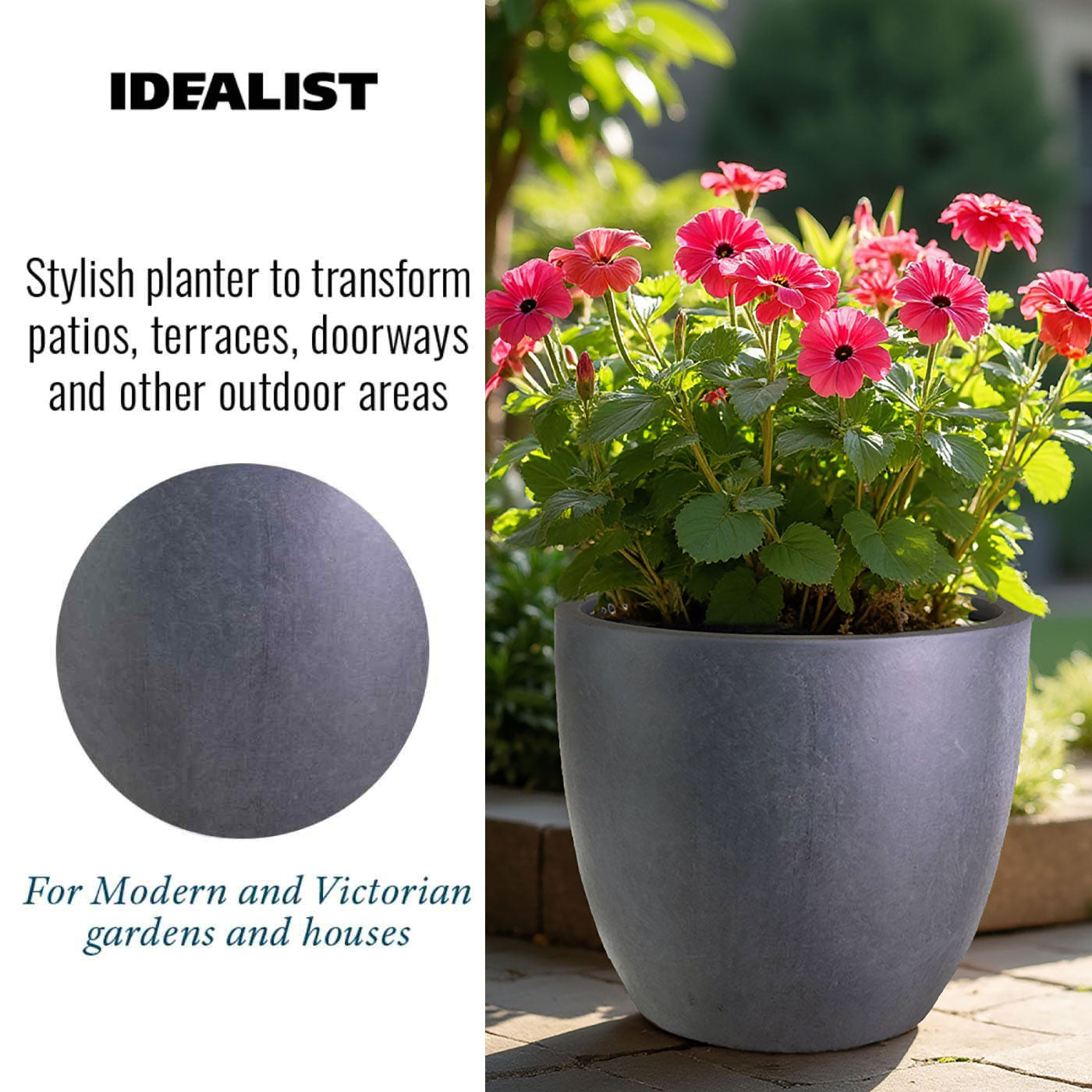 IDEALIST Lite 30cm Garden Planter | Washed Light Concrete Egg Round Planter | Contemporary Outdoor Plant Pot D30 H30 cm, 21L
