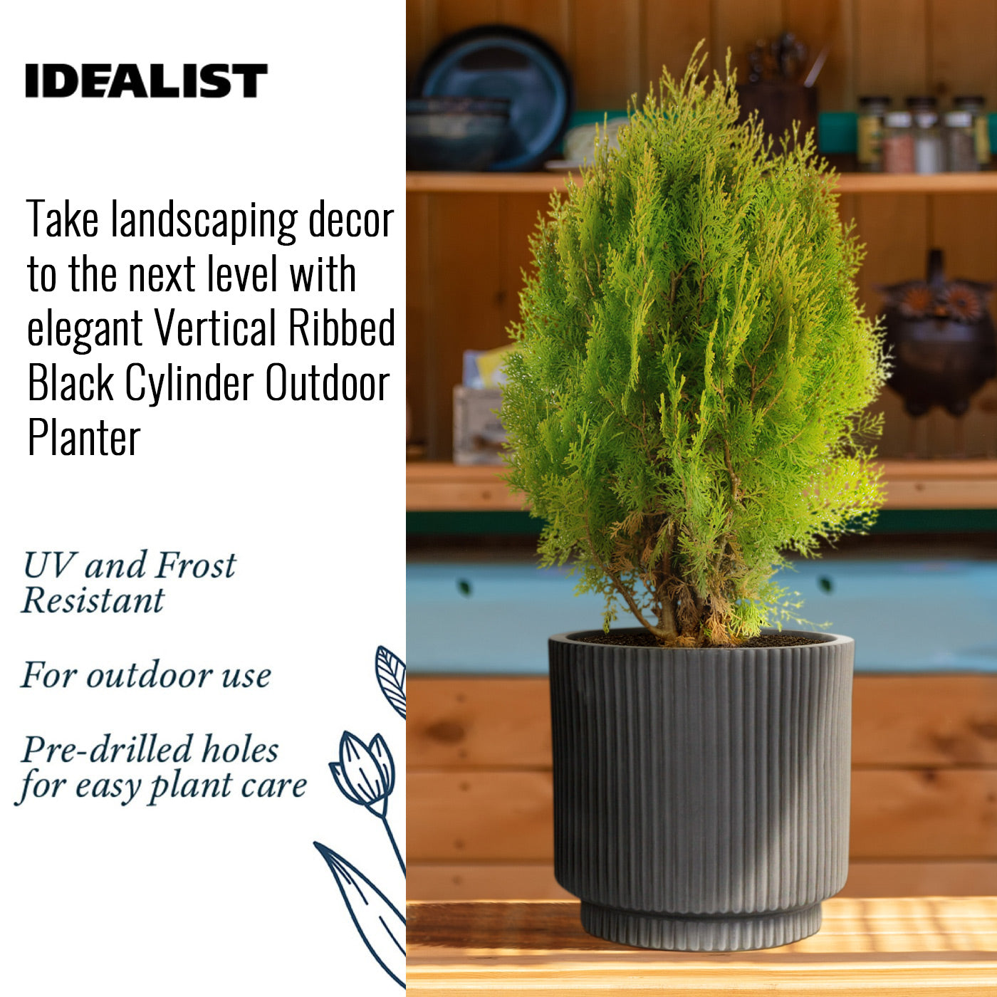 IDEALIST Lite Vertical Ribbed Black Cylinder Outdoor Planter