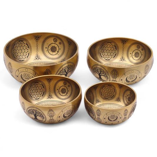 Pure Brass Etched Buddha Singing Bowl Set – 4 Pieces
