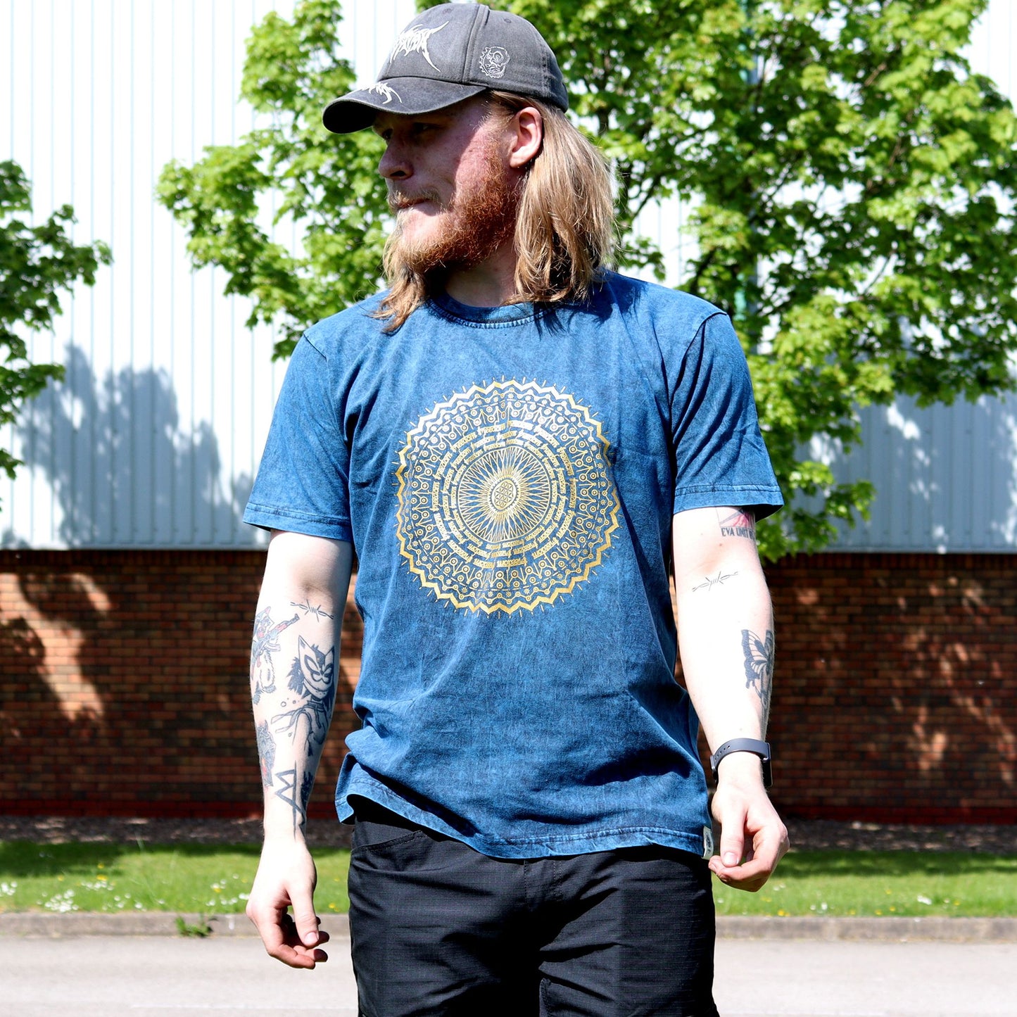 Stone Washed T-Shirt - Mandala - Blue (Large)