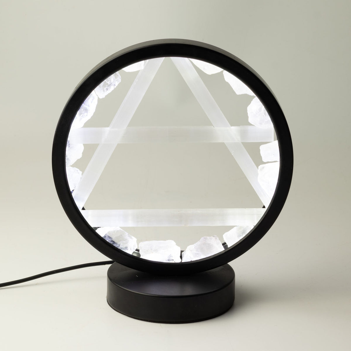 Air gemstone halo lamp with clear quartz and selenite