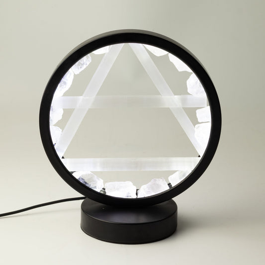 Air gemstone halo lamp with clear quartz and selenite