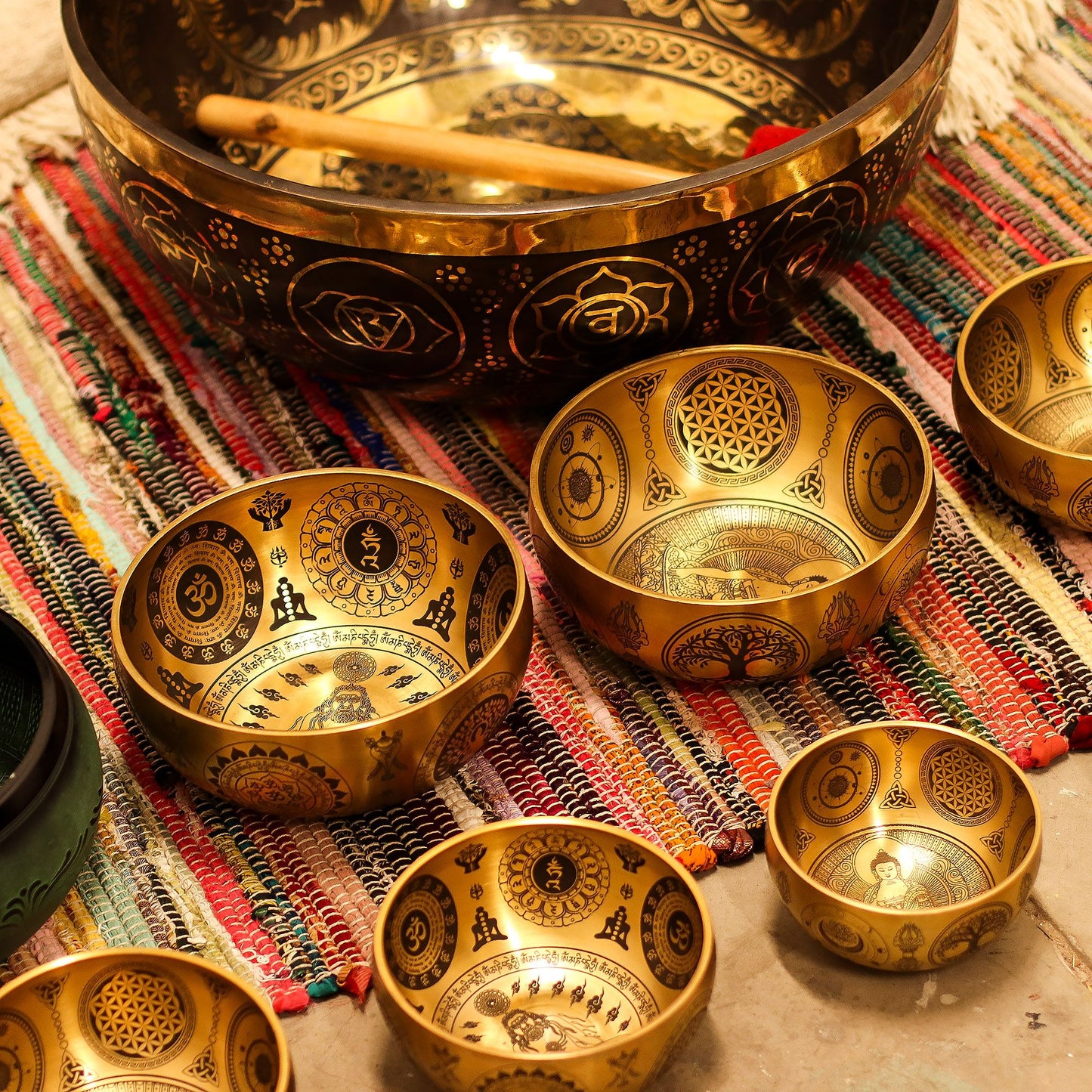 Pure Brass Etched Buddha Singing Bowl Set – 4 Pieces
