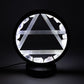 Air gemstone halo lamp with clear quartz and selenite in the dark, shining bright white