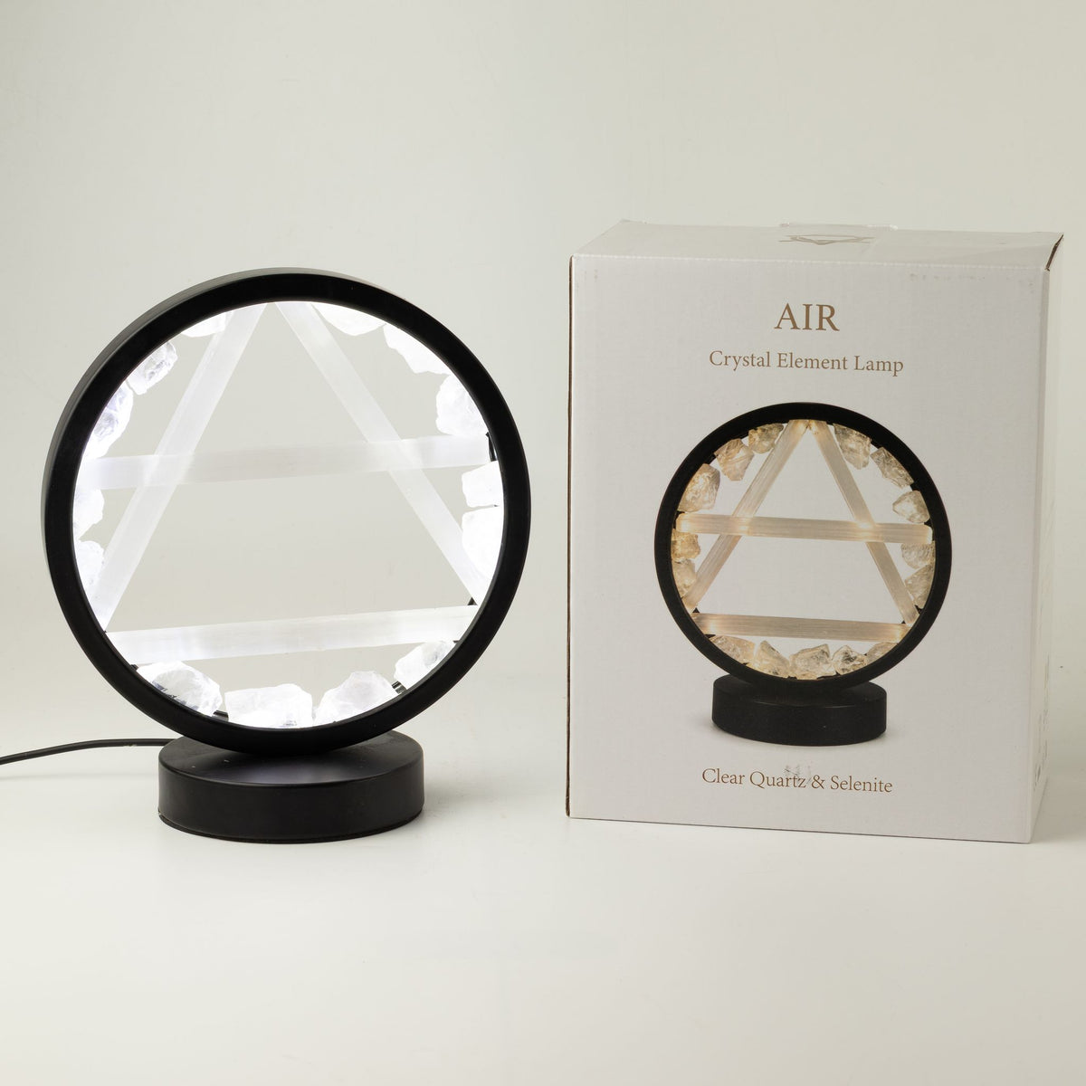 Air gemstone halo lamp with clear quartz and selenite nd product box
