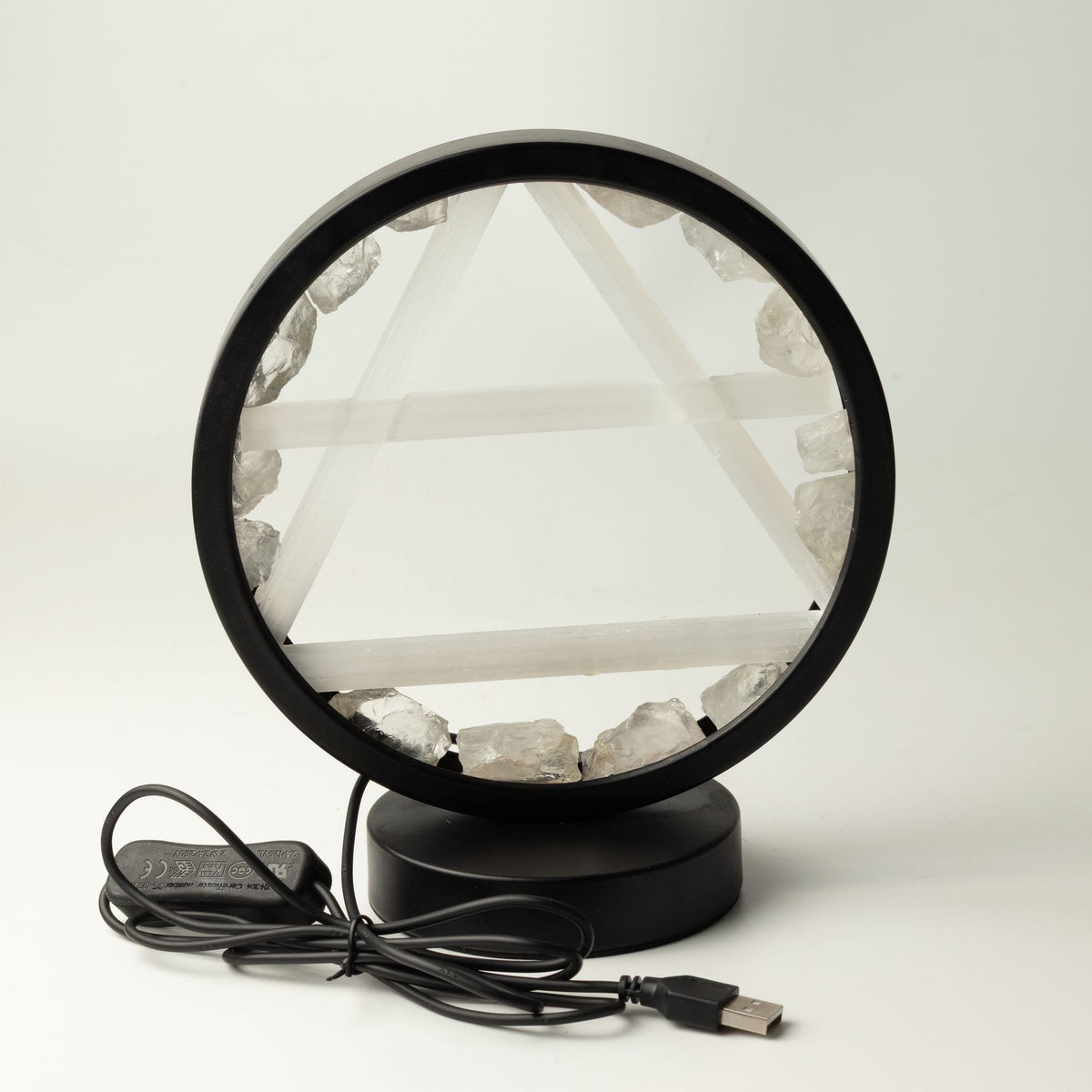 Air gemstone halo lamp with clear quartz and selenite including wire and USB end