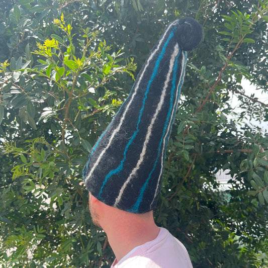 Felted Sauna Wizard Hat – Black Blue Streaks