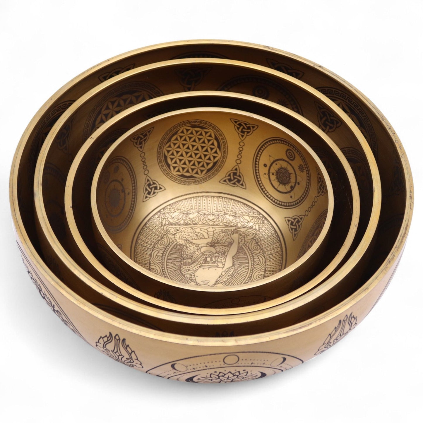Pure Brass Etched Buddha Singing Bowl Set – 4 Pieces