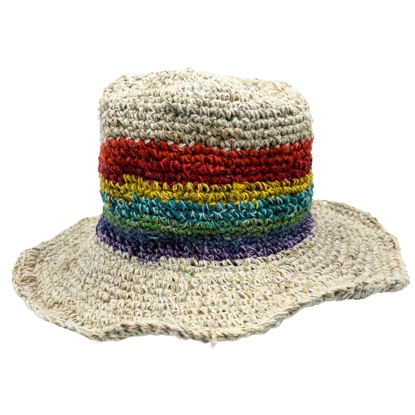 Hand-Knitted Boho Festival Hat – Rainbow – Hemp & Cotton