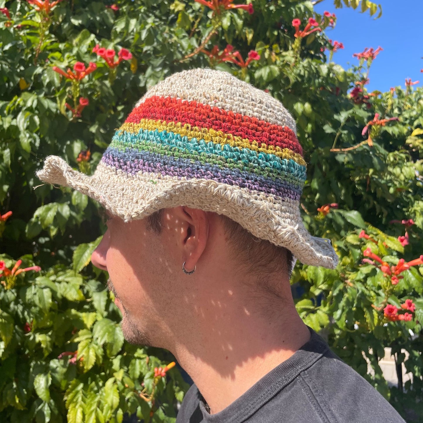 Hand-Knitted Boho Festival Hat – Rainbow – Hemp & Cotton