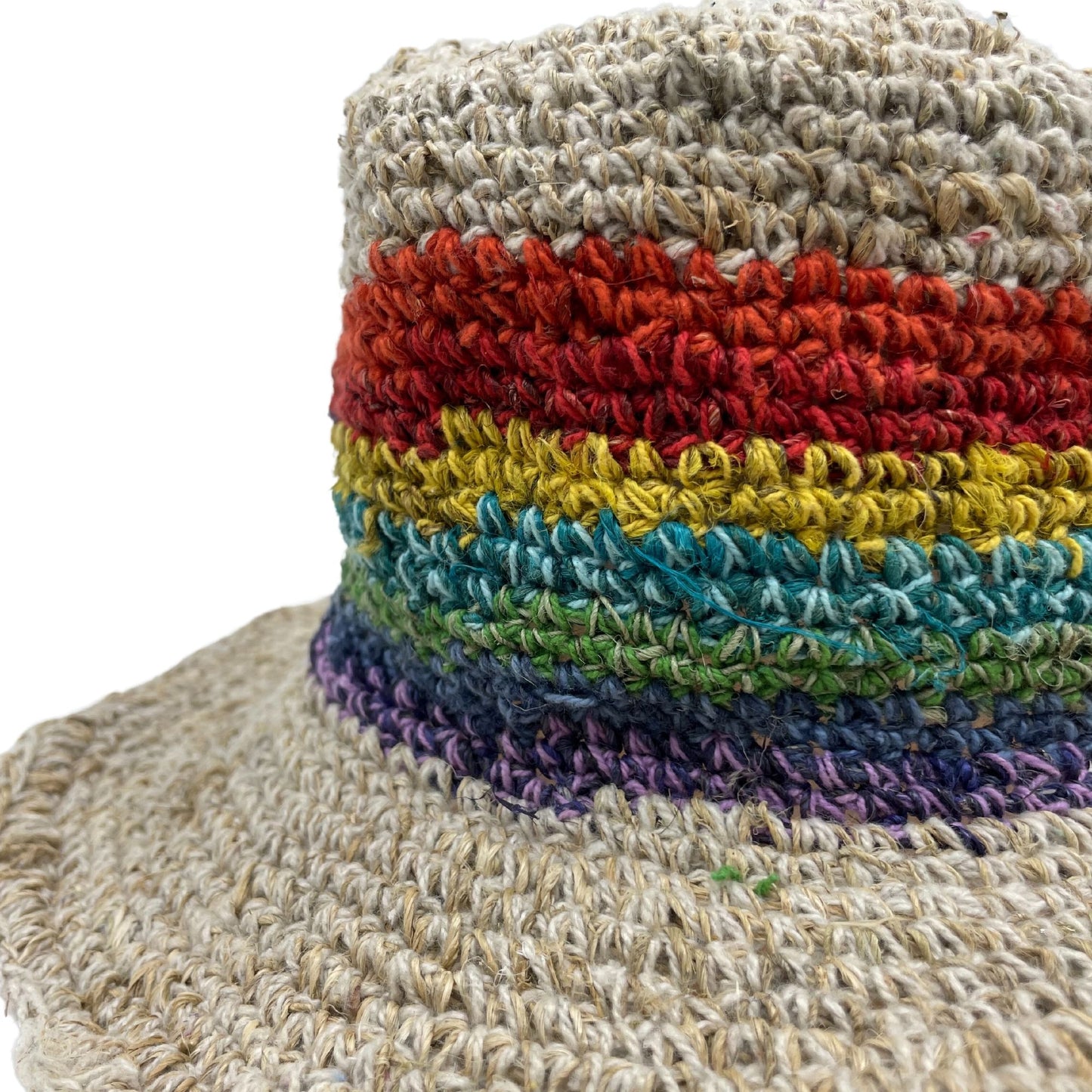 Hand-Knitted Boho Festival Hat – Rainbow – Hemp & Cotton