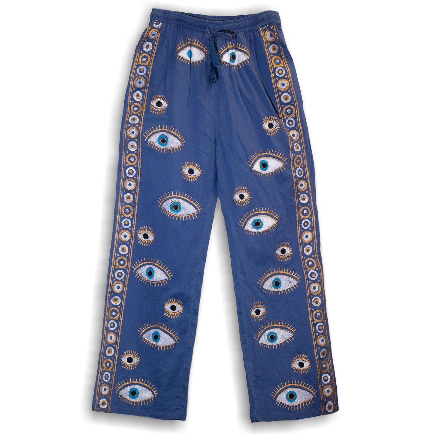 Nomad Sari Lounge Pants – Rich Blue & Gold – Hand-Painted Evil Eye Design