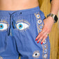 Nomad Sari Lounge Pants – Rich Blue & Gold – Hand-Painted Evil Eye Design