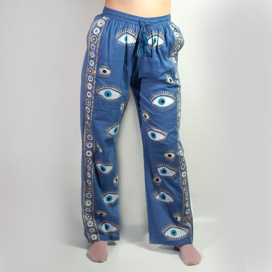 Nomad Sari Lounge Pants – Rich Blue & Gold – Hand-Painted Evil Eye Design