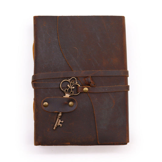 Oiled Leather Journal with Key, Deckle-Edged Notepad
