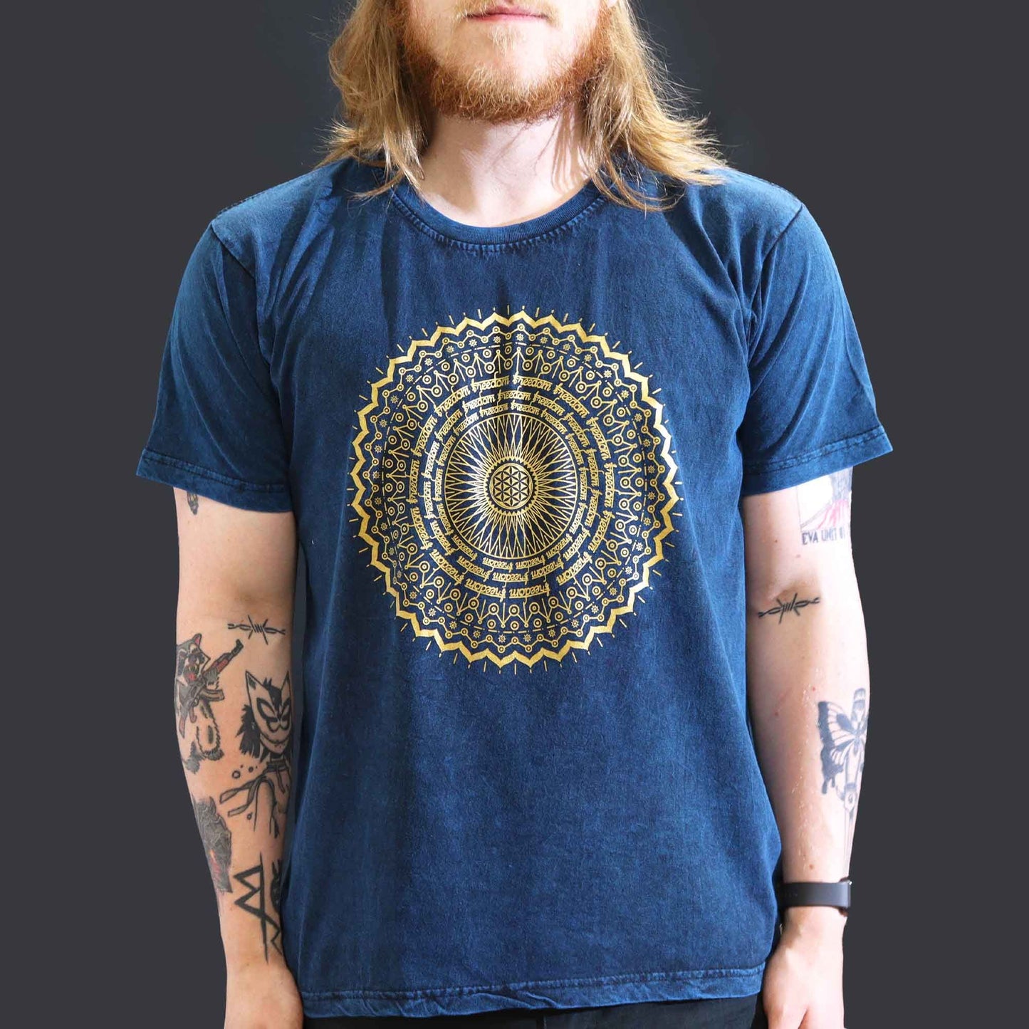 Stone Washed T-Shirt - Mandala - Blue (Large)